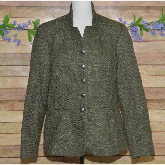 Coldwater Creek Green Button Front Tweed Jacket Blazer Size 14 Academia Career - Picture 1 of 13